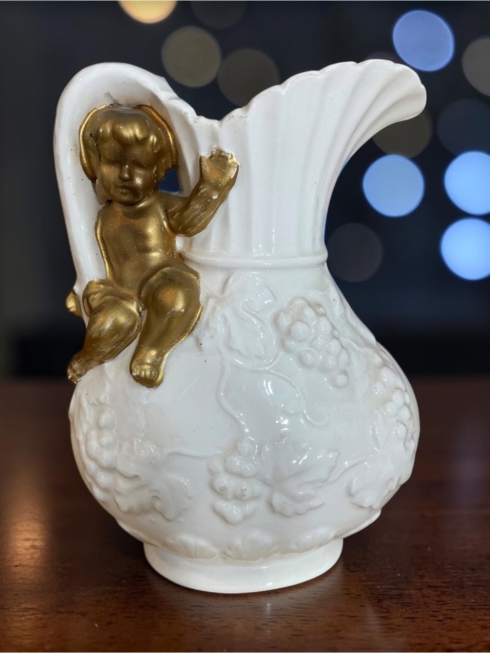 White Ceramic Pitcher with Gold Cherub Accent
